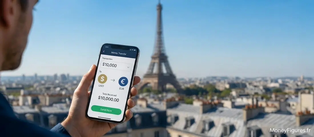 A person using a smartphone to send money to France cheap, Eiffel Tower background
